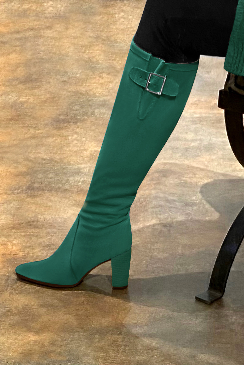 Emerald green women's knee-high boots with buckles. Tapered toe. High block heels. Made to measure. Worn view - Florence KOOIJMAN